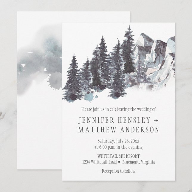 Invitación Boda de Nieve sobre los árboles de invierno de las (Anverso / Reverso)