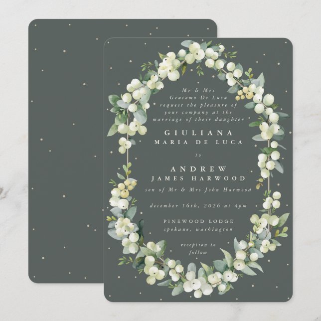 Invitación Boda de nieve verde gris formal + eucalipto (Anverso / Reverso)
