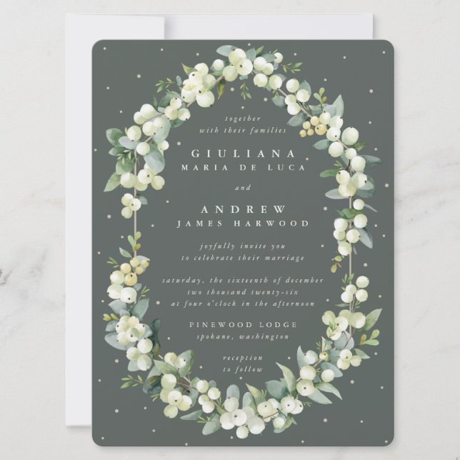 Invitación Boda de Nieve Verde Gris Grande + Eucalipto (Anverso)