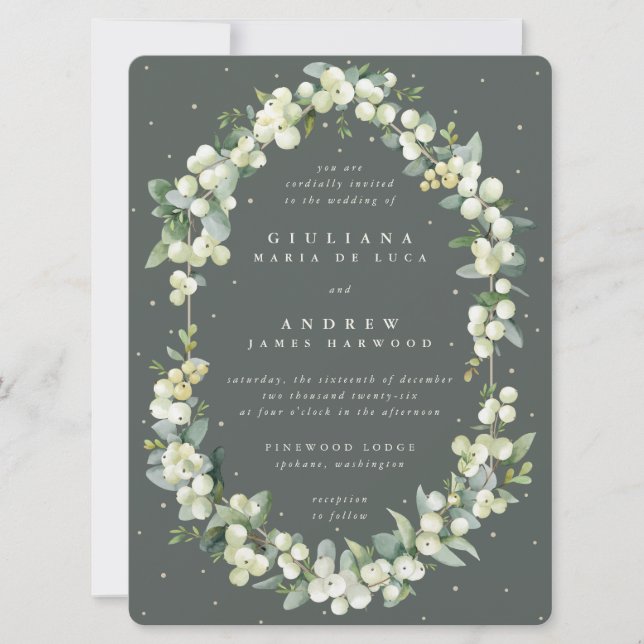 Invitación Boda de Nieve Verde Gris Grande + Eucalipto (Anverso)