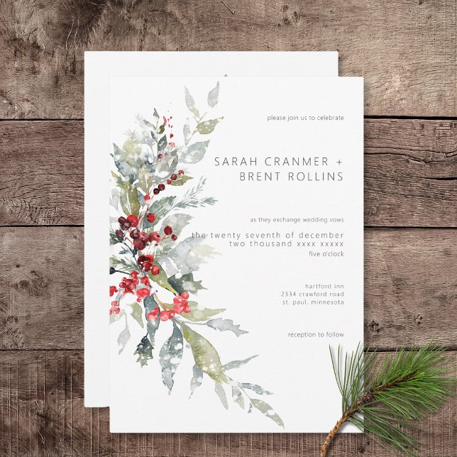 Invitación Boda de Nieve y Berries, un invierno ruso (Rustic Winter Holly Berries & Snow Wedding Invitation)