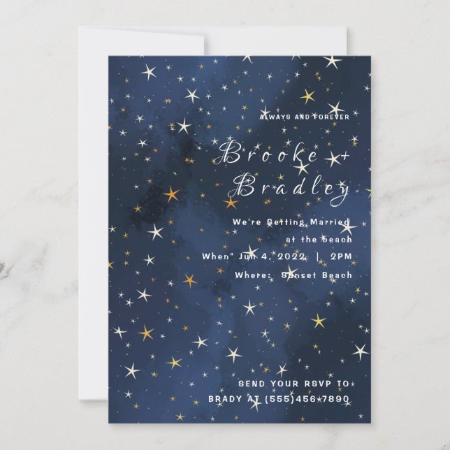 Invitación Boda de Noche Azul Profundo Estrellado (Anverso)