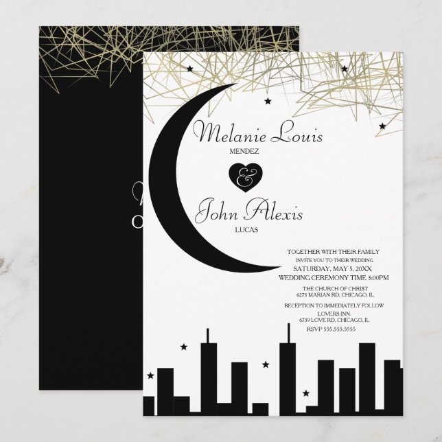 Invitación Boda de Noche con Cielo de Negro y Blanco con Hoja (Anverso / Reverso)
