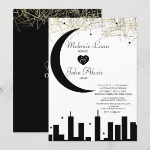 Invitación Boda de Noche con Cielo de Negro y Blanco con Hoja