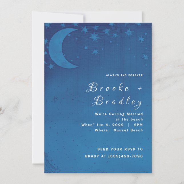 Invitación Boda de Noche de Luna Creciente Azul (Anverso)