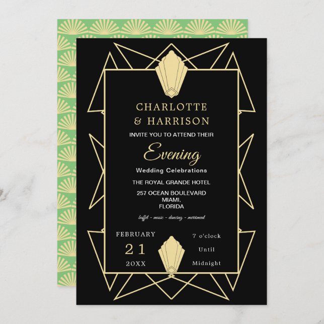 Invitación Boda de Noche de Oro Verde de Estilo Art Deco (Anverso / Reverso)
