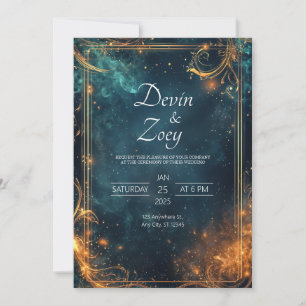 Invitación Boda de Noche Estrellada Celestial Barroca de Oro 