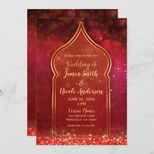 Invitación Boda de Noches Árabes Rojas y Oro de Marruecos (Anverso / Reverso)