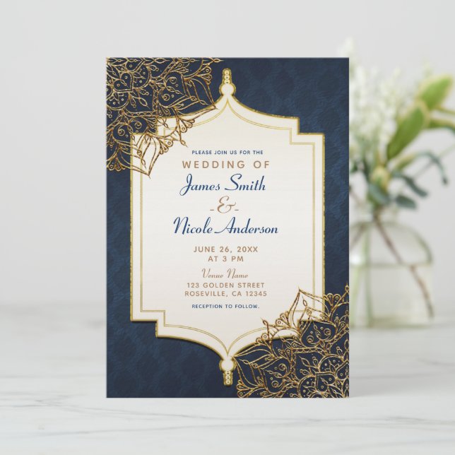 Invitación Boda de Noches Moras Marroquíes Azul Marino y Dora (Anverso de pie)