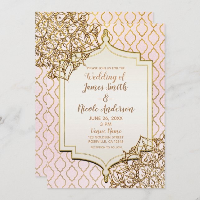 Invitación Boda de Noches Moras Rosa Dorado Rubor (Anverso / Reverso)