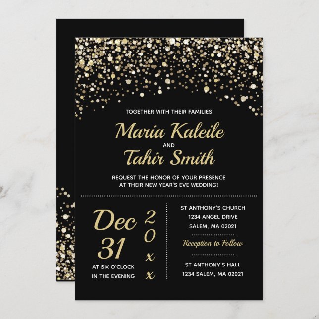 Invitación Boda de Nochevieja con brillo dorado (Anverso / Reverso)