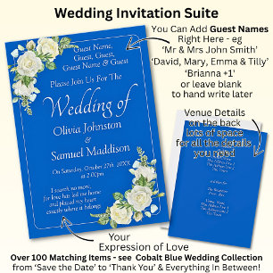 Invitación Boda de nombres de invitados, azul cobalto y rosas