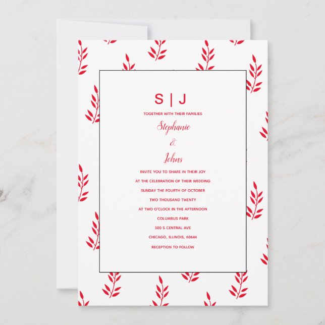 Invitación Boda de nombres de monograma blanco rojo patrón ho (Anverso)