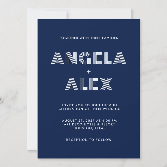 Invitación Boda de nombres de retro geométrico azul medianoch (Anverso)