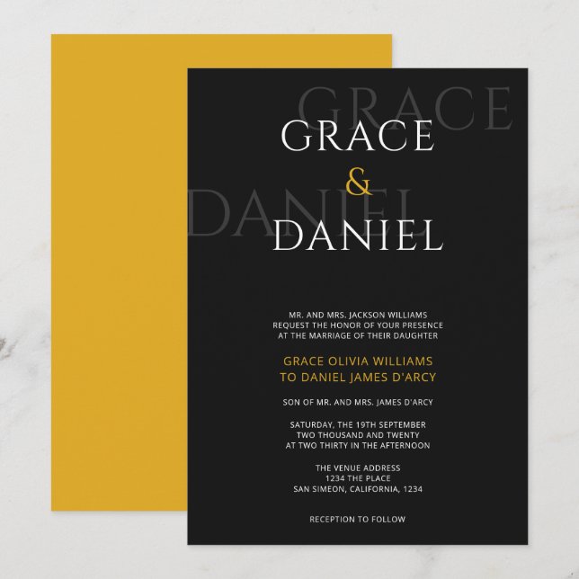 Invitación Boda de nombres de sombra modernos amarillos y neg (Anverso / Reverso)
