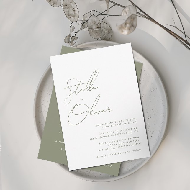 Invitación Boda de nombres modernos de caligrafía de sabios c (Modern Sage Calligraphy Names With Details Wedding Invitation)