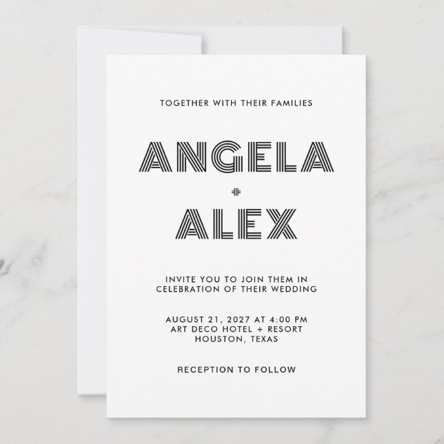 Invitación Boda de nombres retro geométricos negros (Anverso)