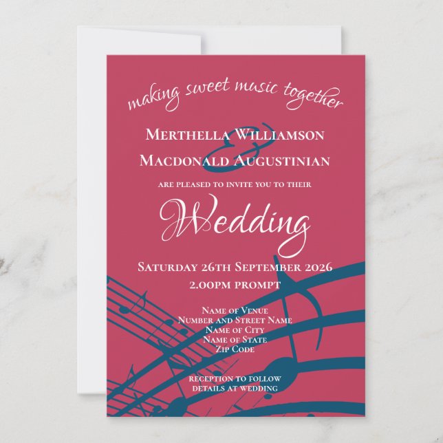 Invitación Boda de NOTAS MUSICALES de moda magenta (Anverso)