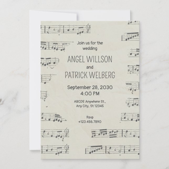 Invitación Boda de notas musicales de papel de época (Anverso)