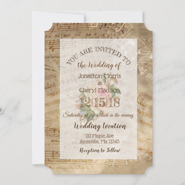 Invitación Boda de notas musicales de Rosa Vintage (Anverso)