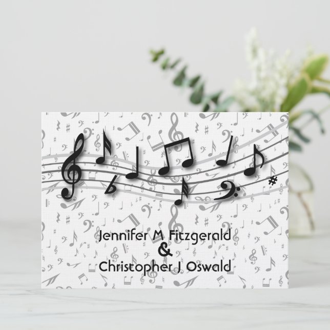Invitación Boda de notas musicales en negro y gris (Anverso de pie)