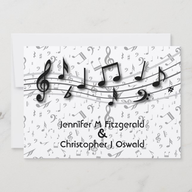 Invitación Boda de notas musicales en negro y gris (Anverso)