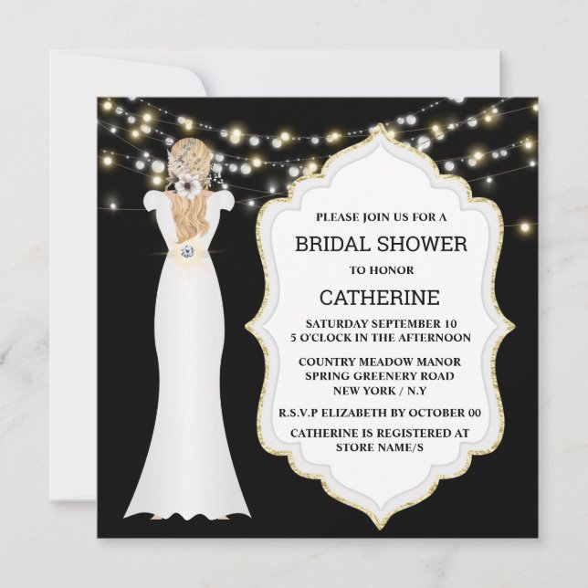 Invitación Boda de novia blanco negro  luces de cadena de rop (Anverso)