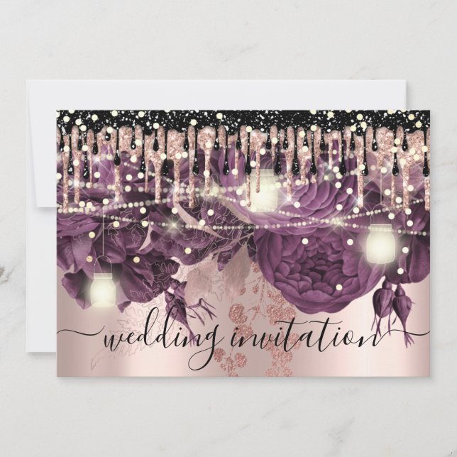 Invitación Boda de novia Rosa Purpurina Dris Confetti morado (Anverso)