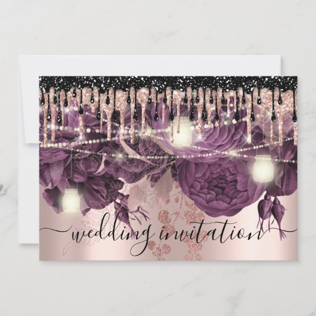 Invitación Boda de novia Rosa Purpurina gotea morado (Anverso)