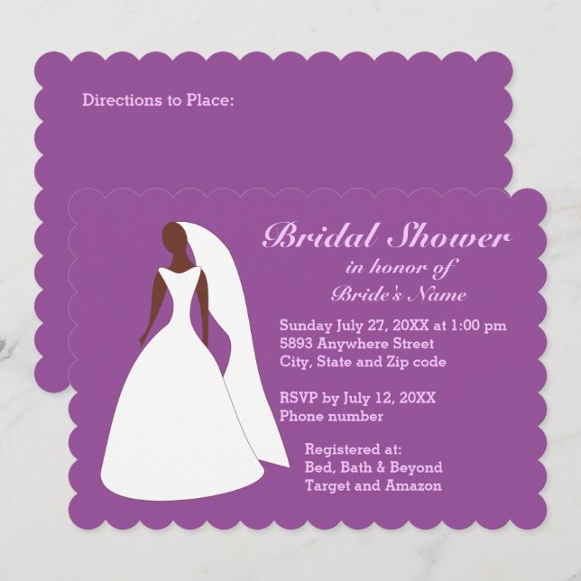 Invitación Boda de novia vestido con traje morado de ducha de (Anverso / Reverso)