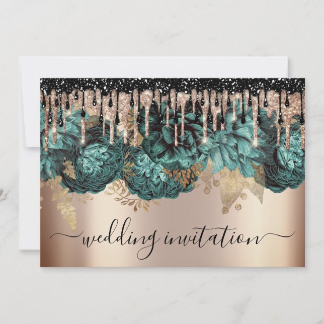 Invitación Boda de novias Rosa Flores Verde azuladas azules (Anverso)