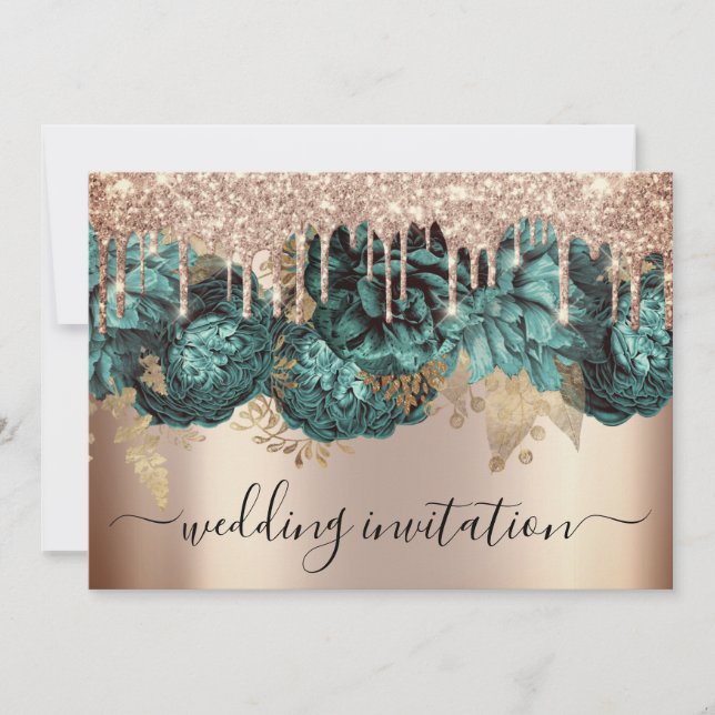 Invitación Boda de novias Rosa Flores Verde azuladas azules (Anverso)