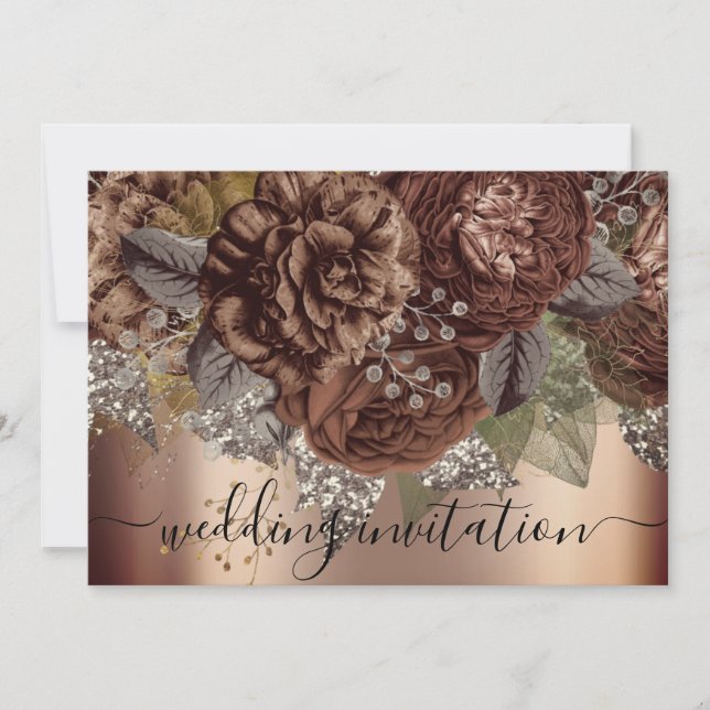 Invitación Boda de novias Rosa Gold Brown Rosas Silver (Anverso)