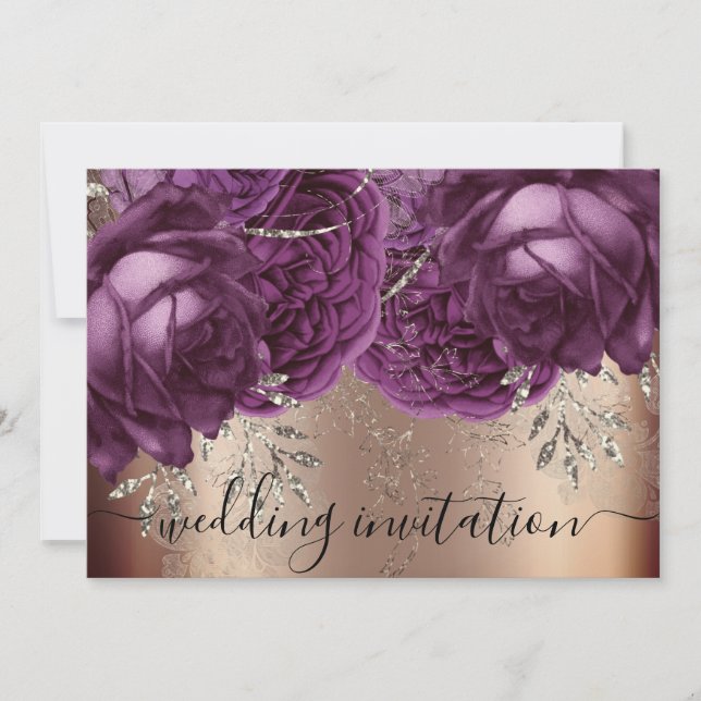 Invitación Boda de novias Rosa Plata Luces Flores Púrpura (Anverso)