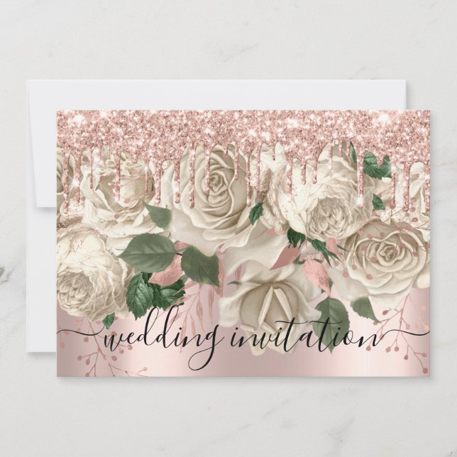 Invitación Boda de novias Rosa Purpurina gotea Rosas de marfi (Anverso)
