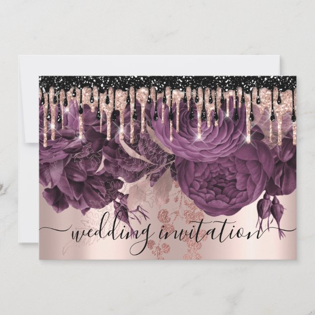 Invitación Boda de novias Rosa Purpurina gotea Rosas morados (Anverso)