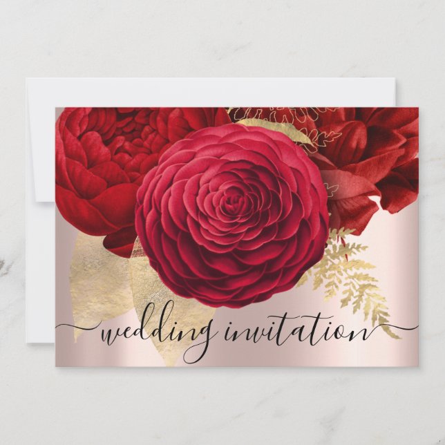 Invitación Boda de novias Rosas del Oro Rojo Flores Elegantes (Anverso)