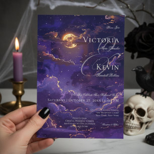 Invitación Boda de nubes moradas moradas y doradas iluminadas