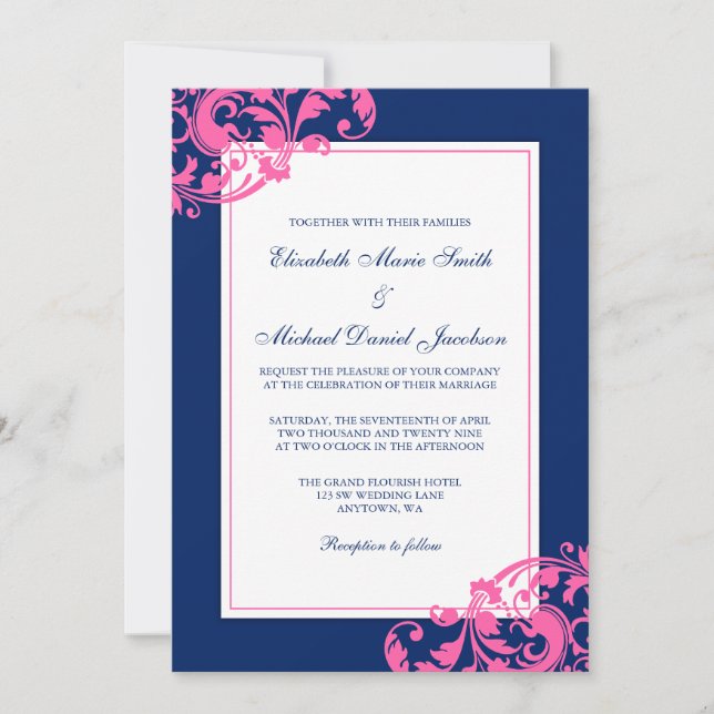 Invitación Boda de nudillos floridos azul y rosa de la marina (Anverso)