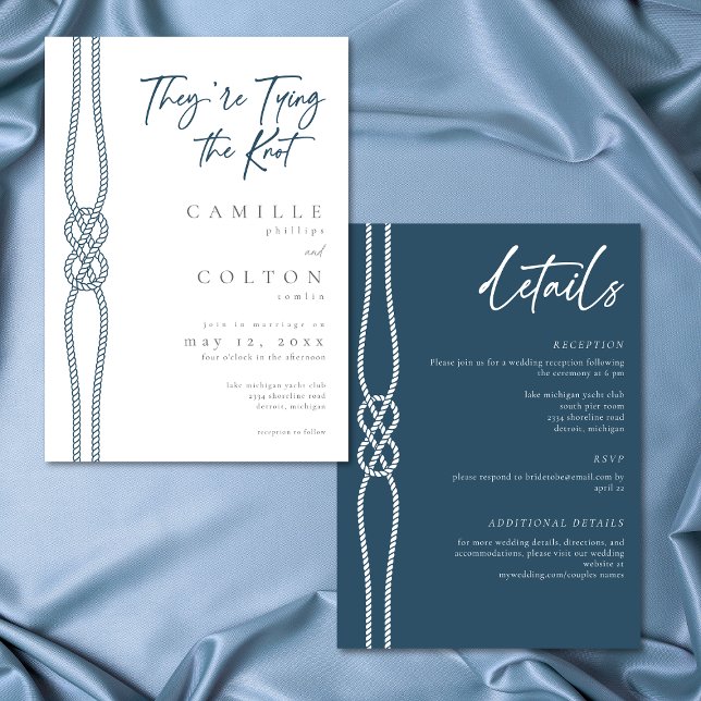 Invitación Boda de nudo náutico de dos caras costero (Nautical Knot Tying Knot Coastal Two Sided Wedding Invitation)
