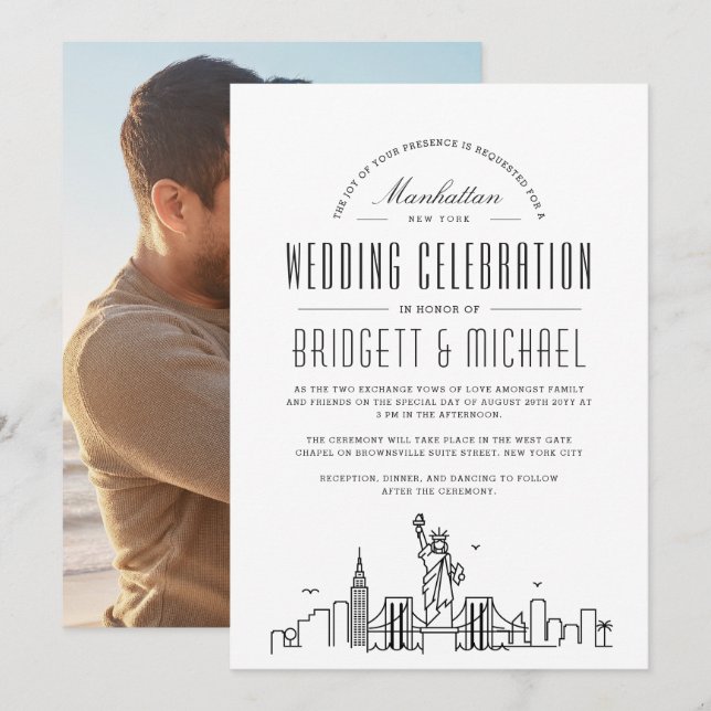 Invitación Boda de Nueva York | Modern Deco City Skyline (Anverso / Reverso)
