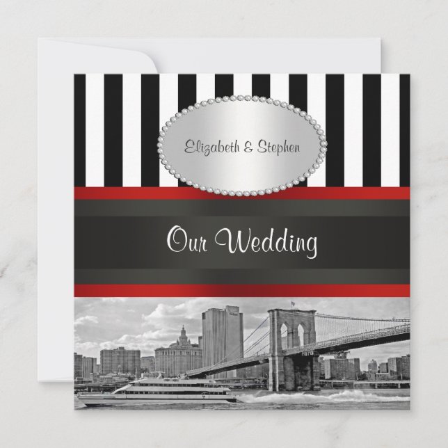 Invitación Boda de NYC Skyline Brooklyn Bridge Blk White P2 (Anverso)
