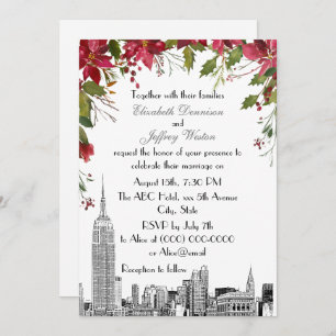Invitación Boda de NYC Skyline ESB Etch Holly Poinsettia