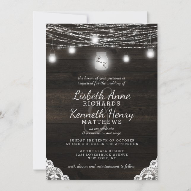 Invitación Boda de Oak Ridge Wood Lace & Mason Jars (Anverso)