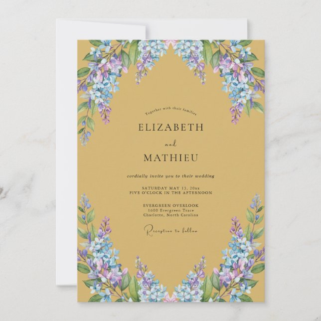 Invitación Boda de Ocra, Periwinkle y Wisteria (Anverso)