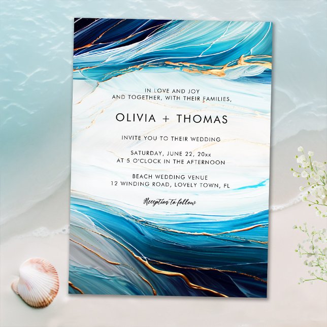 Invitación Boda de ola oceánica de tinta dorada de la marina  (Subido por el creador)