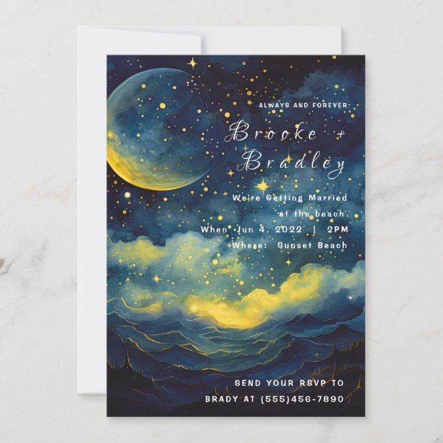 Invitación Boda de Olas Celestiales a la Luz de la Luna (Anverso)