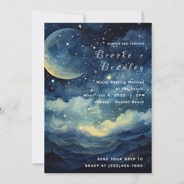 Invitación Boda de Olas Celestiales a la Luz de la Luna (Anverso)
