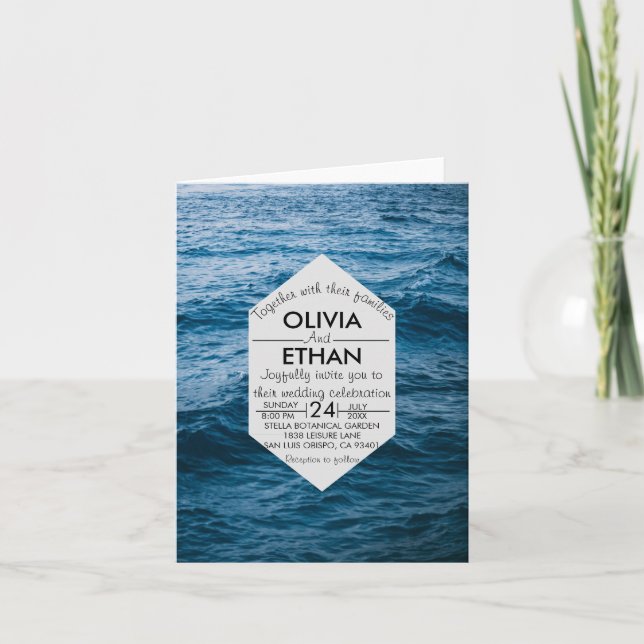 Invitación Boda de olas de mar azul marino elegante (Anverso)