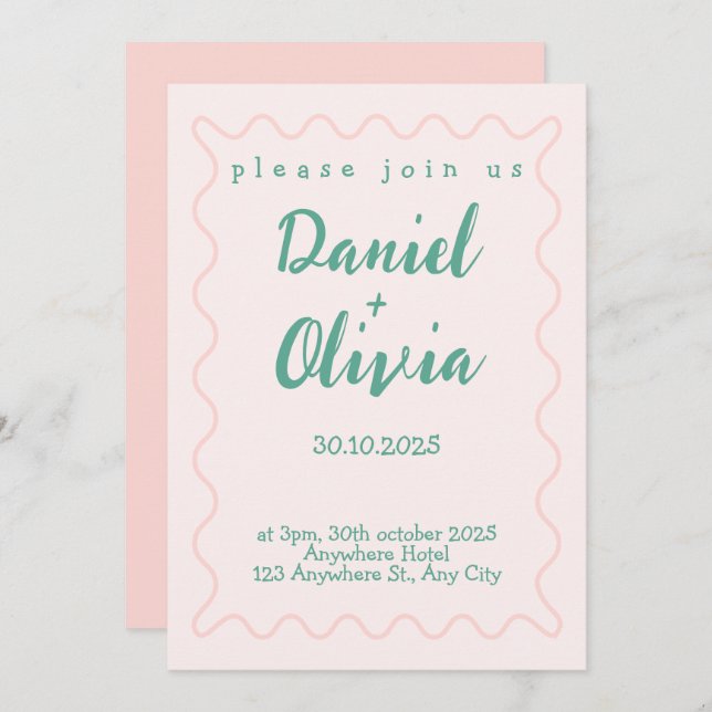 Invitación Boda de onda rosa y verde (Anverso / Reverso)